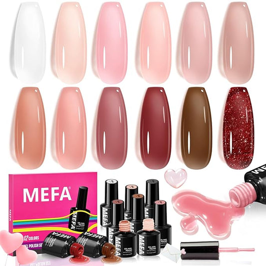 MEFA Jelly Gel Nail Polish Set, 12 Colors Jelly Red Glitter Gel Polish Set Nude Pink Milky White Nail Polish Gel Neutral Transparent Sheer Red Gel Nail Gifts for Women Girl DIY Salon Home Manicure