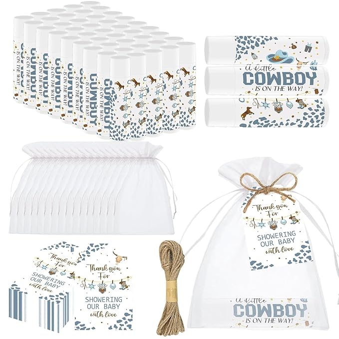 50 PCS Baby Shower Cowboy Lip Balm Bulk Neutral Gender Reveal Boys Girls Games Baby Shower Favors Gifts for Guests Moisturizing Lip Care Cowboy Themed Birthday Party Supplies Decorations