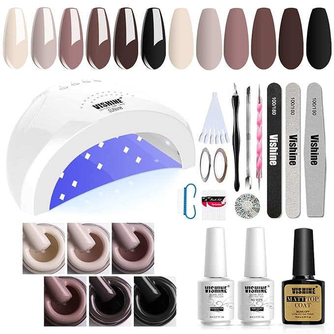 Vishine Gel Nail Polish Starter Kit with 48W UV LED Nail Lamp Speed Dryer Manicure Tools Set of 6 Brown Nude Series Colors Nail Art Colors Gel Polish Base Top Coat & Mat Top Coat #002