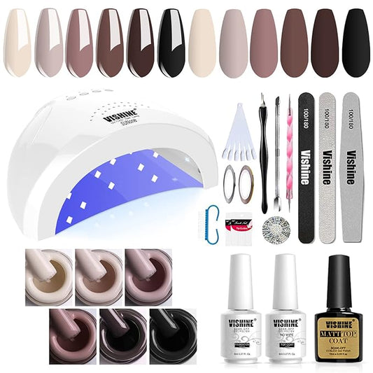 Vishine Gel Nail Polish Starter Kit with 48W UV LED Nail Lamp Speed Dryer Manicure Tools Set of 6 Brown Nude Series Colors Nail Art Colors Gel Polish Base Top Coat & Mat Top Coat #002