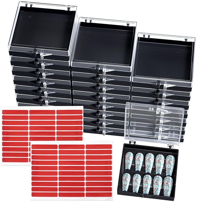 ANCIRS 25 Pack Acrylic Nail Storage Box for DIY Press-on Nails Holder & 60pcs Double Sided Adhesive Nail Display Tape, Artificial Nail Stand Packaging Organizer Case & Fake Nail Tip Tapes for Nail Art