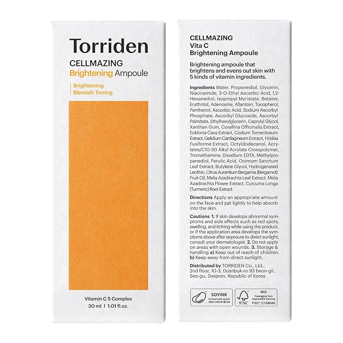 Torriden CELLMAZING Vita C Ampoule 30ml (1.01 fl.oz.) | Refining Sagging Pores and Skin Texture | 5D Vitamin C, Seaweed Complex, Panthenol | Korean Facial Serum