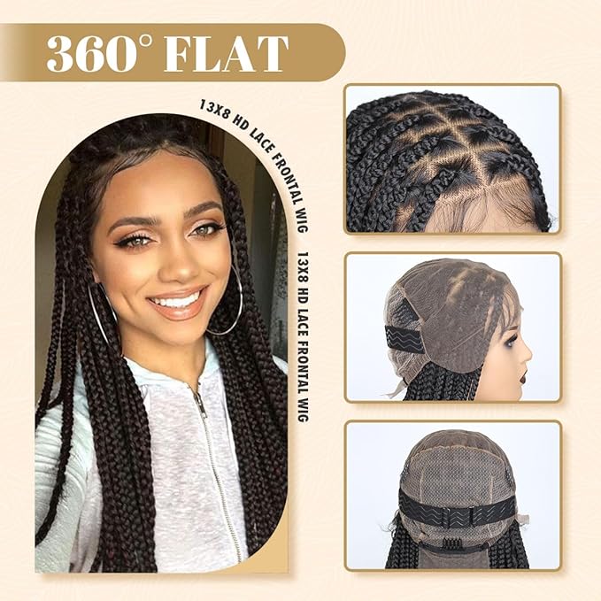 13x8 Braided Lace Front Wigs for Black Women, 36 inch Knotless Box Braids Wigs with Baby Hair, Black Synthetic Medium Braided Wig
