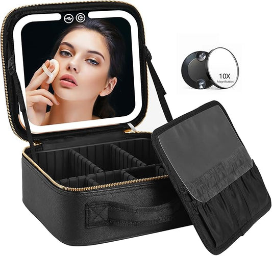 VANMRIOR Travel Makeup Bag with LED Lighted Make up Case with Mirror 3 Color Setting Cosmetic Makeup Box Organizer Vanity Case for Women Beauty Tools Accessories Case Rechargeable
