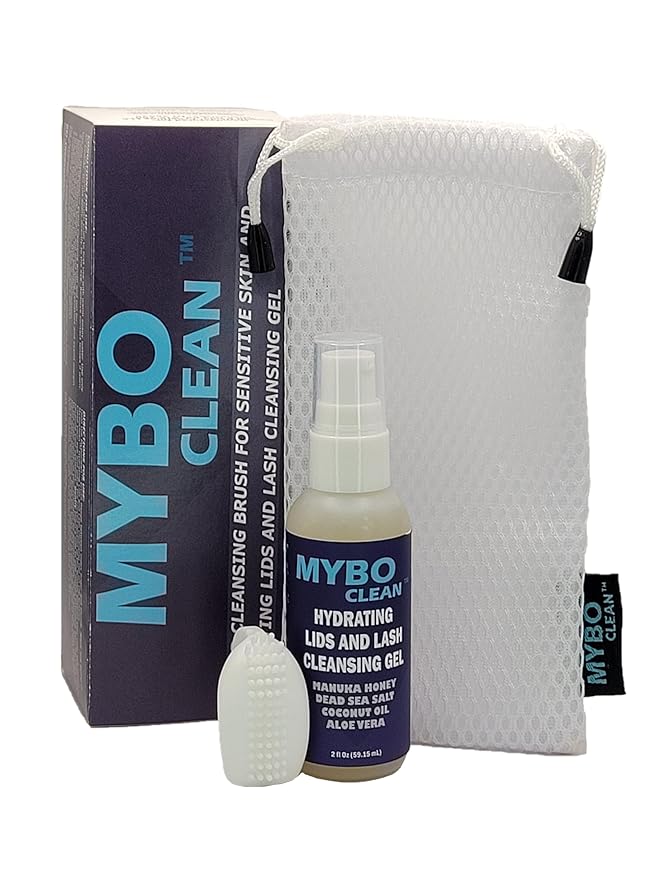 Mybo Clean Eyelid Cleansing Brush for Sensitive Skin (1 Pc) + Hydrating Lids and Lash Cleansing Gel (1Pc) + Travel Bag Ideal for Gentle Cleansing of the Eyelids On the Go