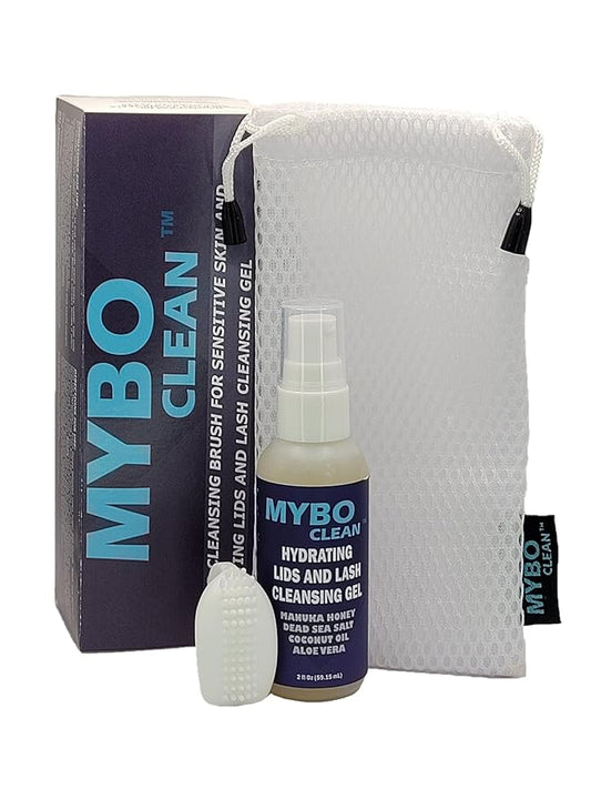 Mybo Clean Eyelid Cleansing Brush for Sensitive Skin (1 Pc) + Hydrating Lids and Lash Cleansing Gel (1Pc) + Travel Bag Ideal for Gentle Cleansing of the Eyelids On the Go