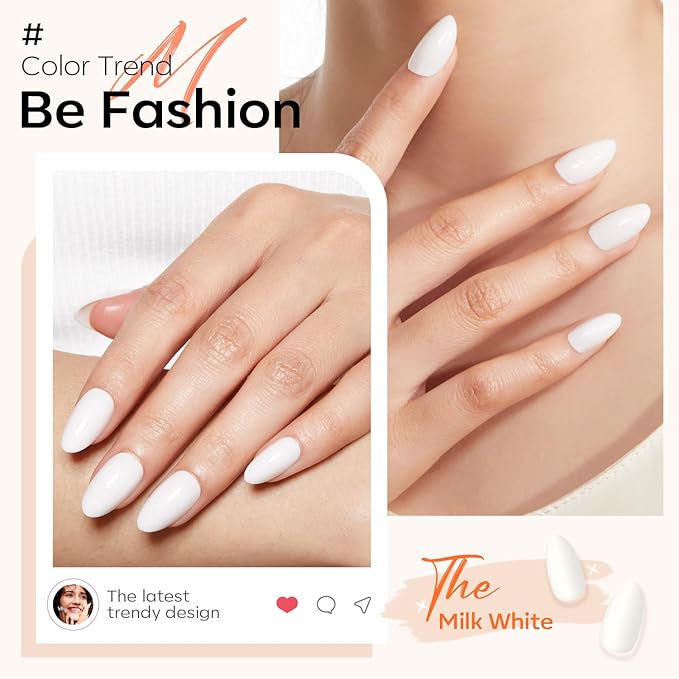 Modelones Milky White Press on Nails Almond, Short Almond Fake Nails, Reusable Nail Kit with Nail Glue Adhesive Tabs Mini Nail File, Nails Press Ons 32Pcs 16 Sizes, Women Girl Gift