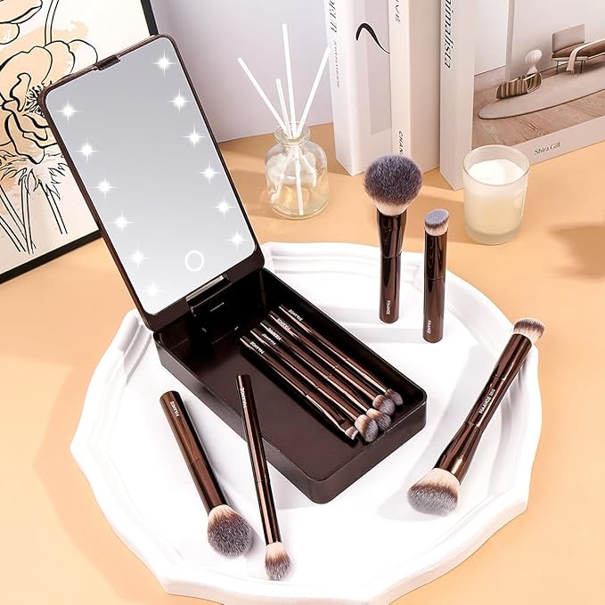 MAANGE 10 Pcs Makeup Brush Set Double-ended Kabuki Brush Travel Makeup Brushes for Foundation Powder Concealers Eye Shadows Makeup Tools Set with LED Light Mirror (Coffee Brown)