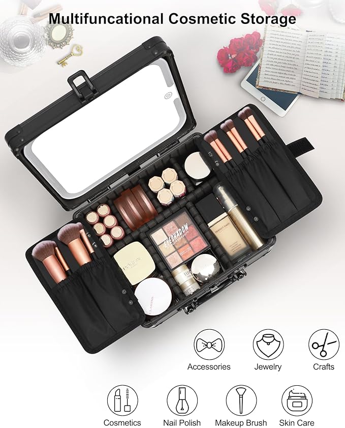 Relavel Makeup Bag with LED Mirror, Makeup Box Travel Train Case with Rechargeable Lighted Mirror & Adjustable Dividers, Cosmetic Brush Organizer Storage for Makeup Artists Gifts for Women and Girls