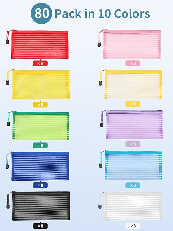 JARLINK 80 Pack Mesh Zipper Pouch, Pouch Bulk in 10 Colors, Multipurpose Storage Bags for Organizing Makeup Essentials, Travel Accessories, Office, School and Teacher Supplies