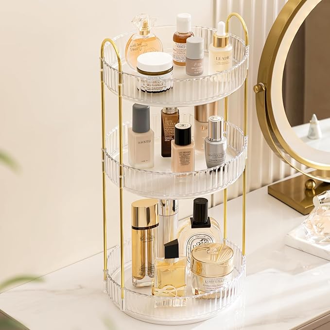 360 Rotating Makeup Organizer Countertop Clear 3 Tier Bathroom Organizer Spinning Perfume Organizers, Skincare Organizers Makeup Carousel Cosmetic Brush Storage for Vanity, Countertop
