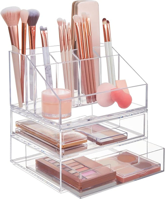 STORi Chloe Stackable Clear Makeup Brush Holder and Drawer Organizer Set, Organize Brushes, Cosmetics, and Beauty Supplies, Made in USA