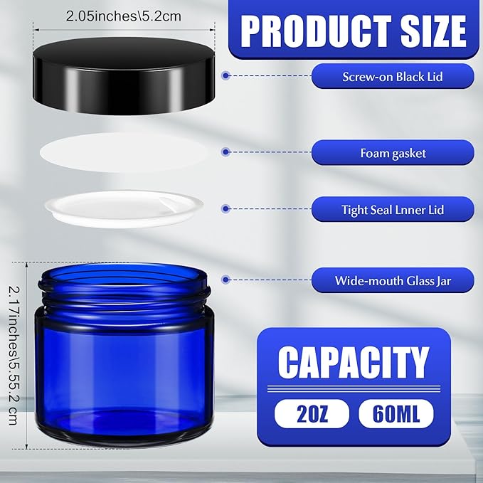 Domensi 32 Pcs 2 oz Glass Jars with Lids Travel Size Round Leakproof Empty Cosmetic Jars with Inner Liners Lid for Storing Makeup Lotions Face Cream Ointments Candle DIY Making(Cobalt Blue)