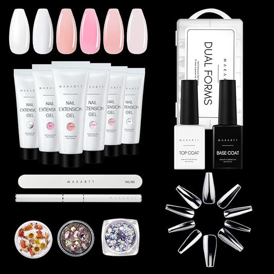 Makartt Poly Gel Kit, Clear Pink Fall Winter Extension Set With 500pcs Press on Coffin Tips for Nail Enhancement