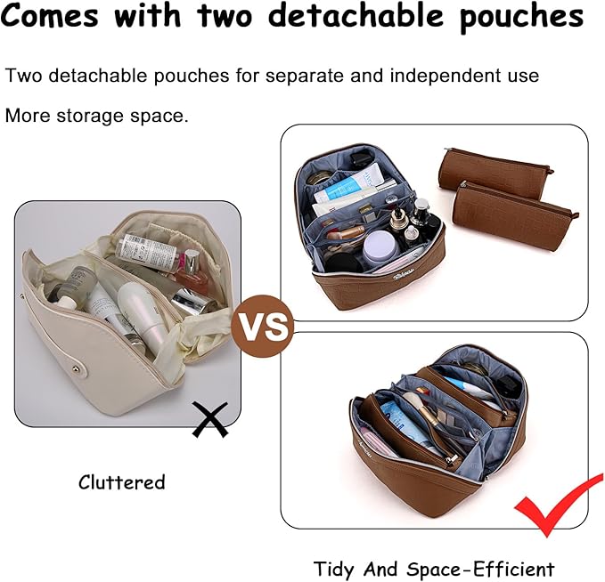 Travel Makeup Bag Organizer Cosmetic Bag: 3 Pcs Set Make up Bags for Women with Handle - Waterproof Vegan Leather Toiletry Bags with Comparments (Brown)