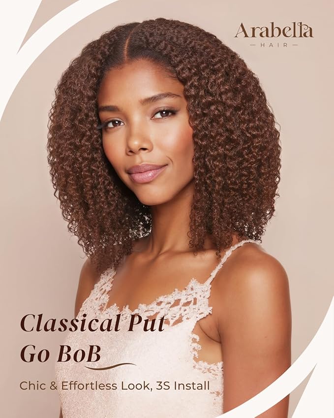 Arabella 5x6 Chocolate Brown Deep Curly Bob Wig Human Hair 210% Density Wear and Go Glueless Wigs Human Hair 4# Brown Bob Wig Lace Front Wigs Pre Cut Lace Pre Bleached Knots(14inch, 5x6 DC Glueless)