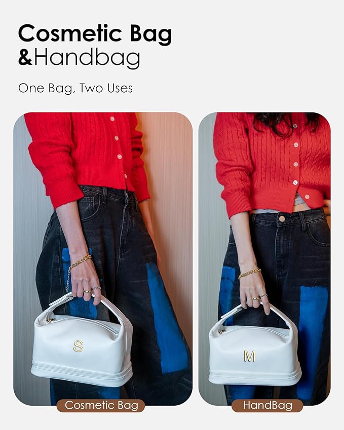 Bridal Gifts, Travel Makeup Bag, Personalized Double Layer Cosmetic Toiletry Bag White Makeup PU Bag Letter Bride Purse Waterproof Portable Zipper Wedding Bridesmaid Gift