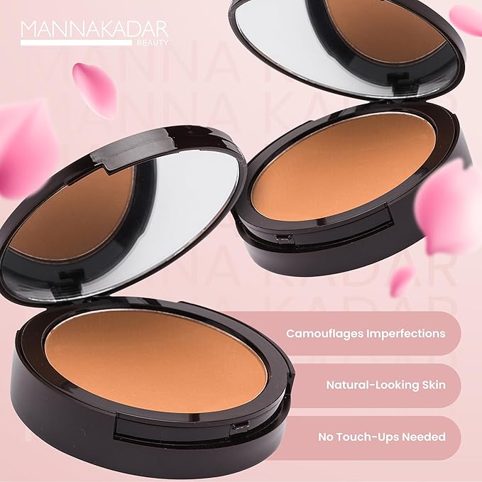 Manna Kadar Beauty Compact Dual Pressed Powder, C6 Tan Shade for Warm Medium Skin Tone, Medium to Full Coverage Oil Absorbing Foundation and Setting Face Powder, Long-Lasting Flawless Matte Finish
