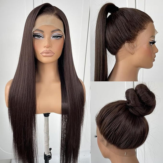 360 Chocolate Brown Glueless Wig Synthetic HD Lace Front Wig Pre plucked Synthetic Long body wave lace front wig Wear and Go HD Lace Front Wig