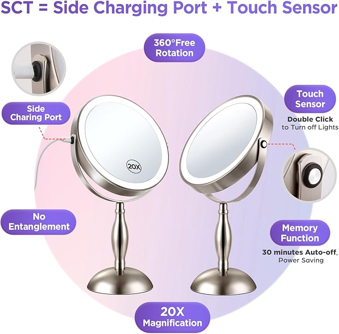 20x Magnifying Mirror with Light, Lighted Makeup Mirror with 3 Color Dimmable Adjustable Mirror, Side Charging Port & SideTouch Sensor, 360° Rotation Double Sided Standing Desk Mirror-Brushed Nickel