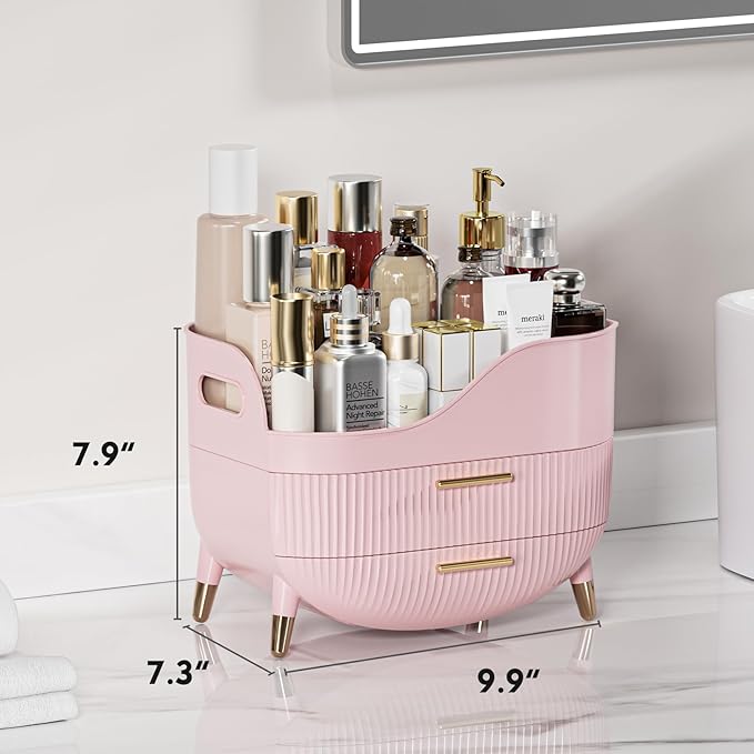 Makeup Organizer for Vanity, Large Capacity Skincare Cosmetic Organizer Countertop with 2 Drawers, Cosmetic Display Cases Makeup Storage Box for Bedroom, Bathroom, Ideal Gifts for Women(Pink)