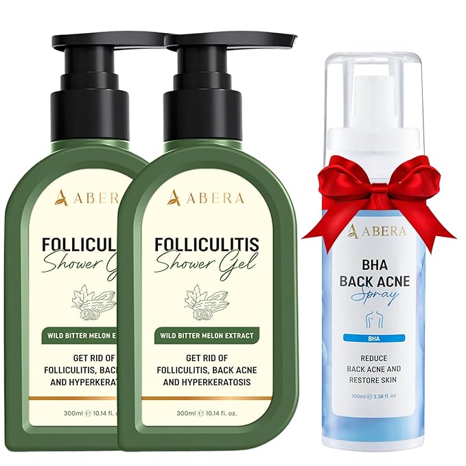 ABERA Folliculitis, BHA Shower Gel, High-Performance Folliculitis Body Wash, Wild Bitter Melon Extract, Reduces Back Acne & Hyperkeratosis,10,14 fl oz (2 Boxes + 1 BHA Back Acne Spray)