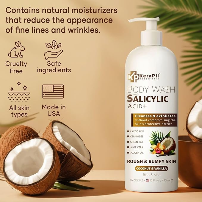 Salicylic Acid Body Wash - Exfoliates Rough Skin, Treats Body Acne - Coconut and Vanilla Scent - 16 fl oz