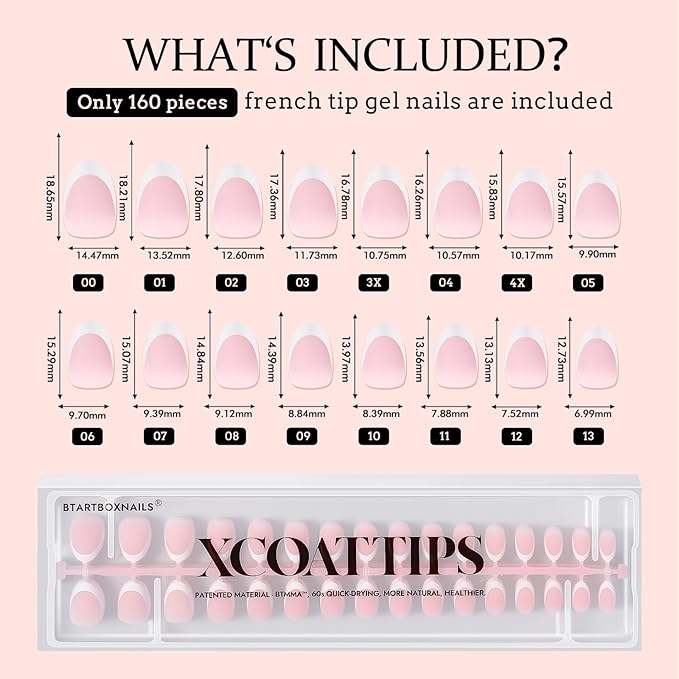 BTArtboxnails 160pcs French Tip Press on Nails 3 in 1 X-coat Tips, Set with 15ml Builder Gel for Nails and Portable Nail Lamp