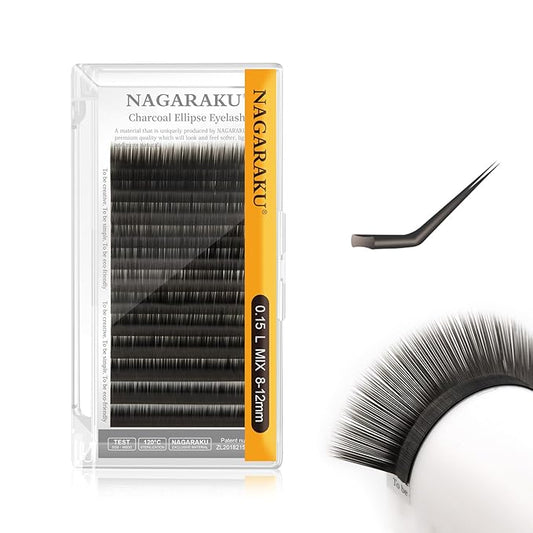 NAGARAKU Double Tips Flat Ellipse Eyelash Extensions Supplies 0.15 L curl 8-12mm Mix Natural Charcoal Color Faux Mink Super Soft Split Tips Individual Lashes