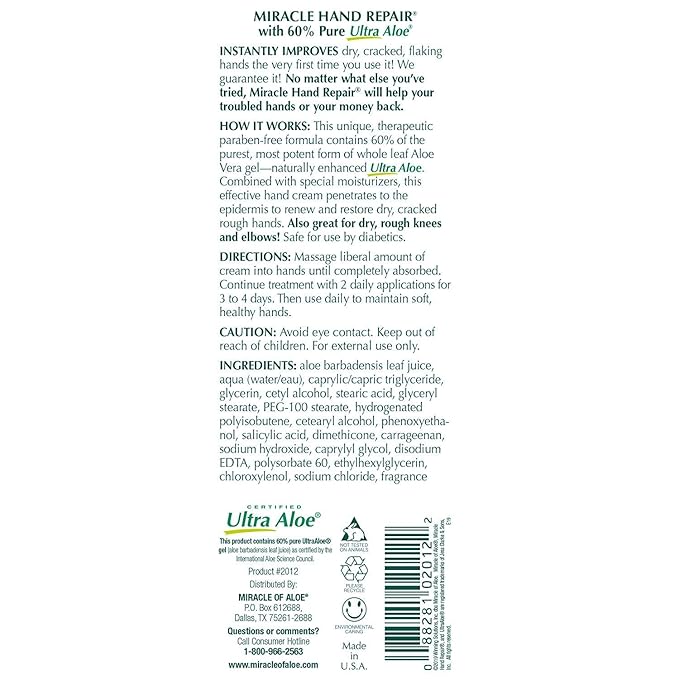Miracle of Aloe Miracle Hand Repair Cream 8 oz Healing Aloe Vera Lotion for Dry, Cracked Hands with 60% Ultra Aloe Gel - Moisturizes, Softens, and Repairs - Non-Greasy (4-Pack)