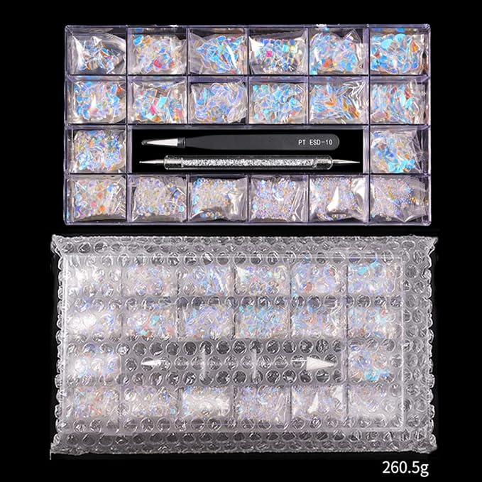 12 Types of Aurora 600 Diamonds + 2500 Flat Rhinestones Mix 20 Styles Flatback DIY Crafts Rhinestone Crystals 3D Decorations Flat Back Stones Set +Tweezers + Drill Pen