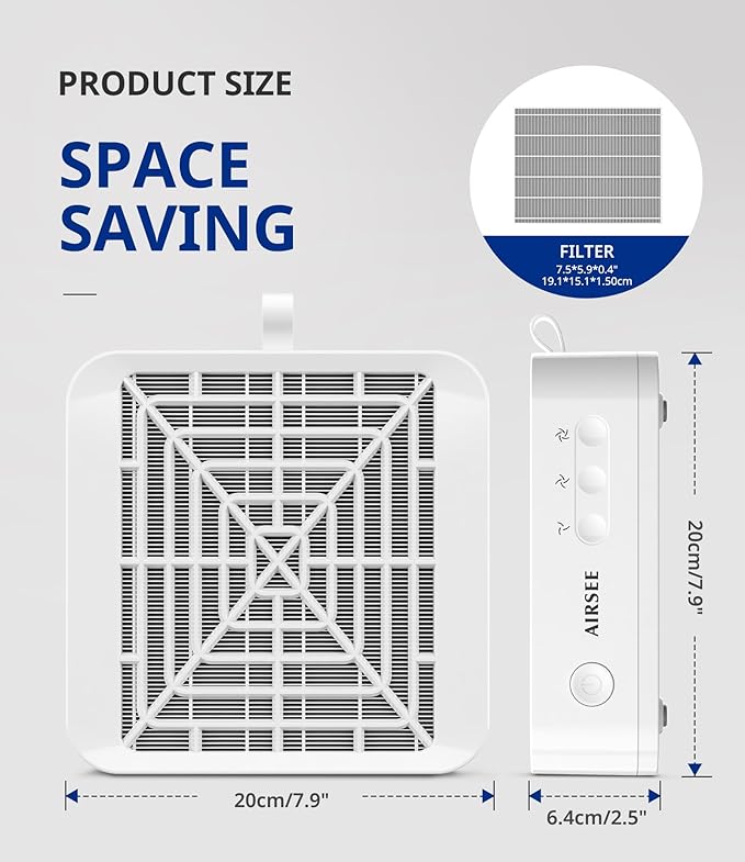 AIRSEE GD3 Nail Dust Collector for Salon and Home Use,Powerful and Quiet Manicure Vacuum for Acrylic Gel Nail Polishing with Reusable Filter,3-Speed Adjustable Extractor Fan,White