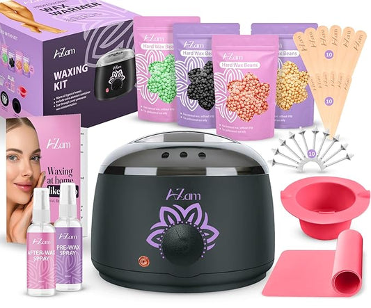 AZAM All-in-one At Home Waxing Kit for Hair removal,Wax pot Waxing Professiona+4 Pack Hard Beads+Silicone Bowl 2 Treatment Oils Wax Kit Accessories Warmer for Full Body