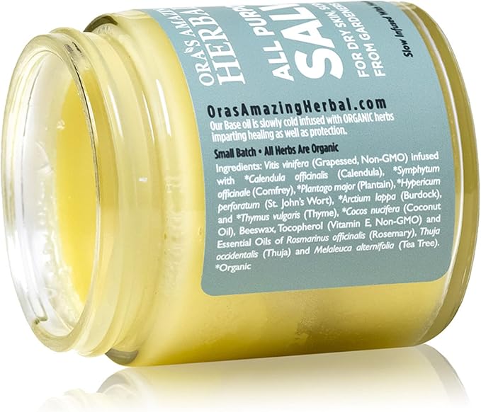 Ora's Amazing Herbal All Purpose Salve, Natural Healing Ointment, Tea Tree Balm, Comfrey Calendula Thyme Plantain, Hand Salve, Rash Cream, Dry Skin Repair, Itch Relief, 1 oz Glass Jar
