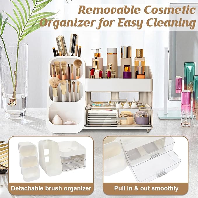 Makeup Organizer Countertop, Vanity Organizer with Brush Holder, Cosmetic Display Case with Drawers, Skincare Organizer for Dresser, Bathroom, Makeup Storage Holder for Women Christmas gifts