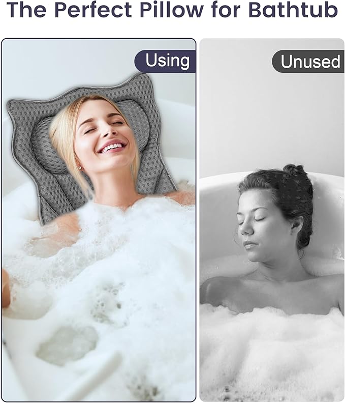 Bath Pillow, Bath Pillows for Tub Neck and Back Support, Soft 4D Air Mesh Bathtub Pillow 16.5 x 17.3 INCH, with 6 Powerful Suction Cups, Bath Accessories Relaxing Gifts for Women (Grey)
