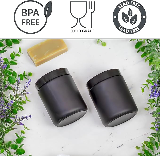 Cornucopia 8oz Black Coated Glass Jars (6-Pack); Cosmetic Jars with Black Plastic Lids and Black Matte Exterior, 8-Ounce / 9-ounce Capacity