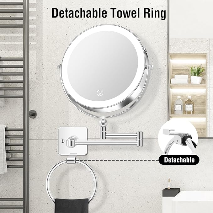 360° Rotation Adjustable 10x Large Wall Mounted Makeup Mirrror, Height Adjustable Lighted Mirror, 8" Double Sided Mirror, 1X/10X Magnifying Bathroom Mirror, Detachable Ring, 3 Color Lights