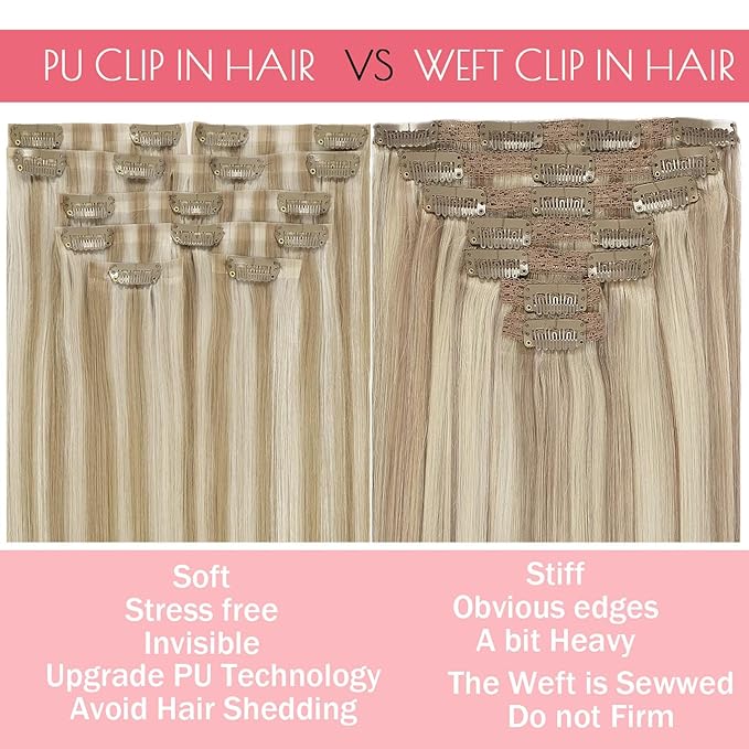 Loxxy Seamless Clip in Hair Extensions Real Human Hair Highlights Ash Blonde Clip in Hair Extensions Invisible PU Skin Weft Clip ins Double Weft 16Inch 6Pcs 110Gram