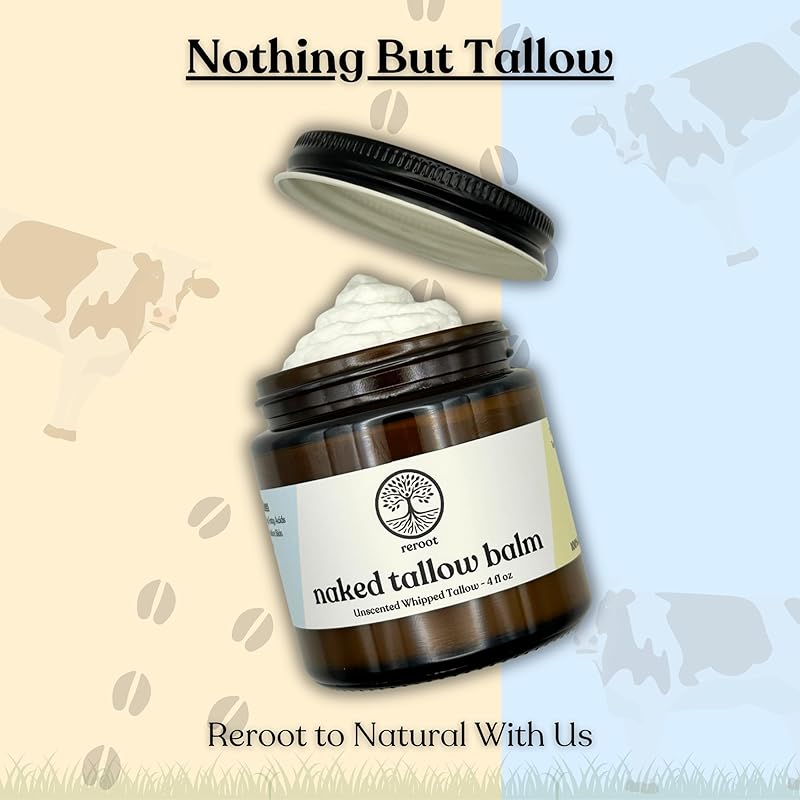 Beef Tallow for Skin | NAKED TALLOW BALM | 1 Ingredient - 100% Grass Fed Beef Tallow | Beef Tallow for Body & Face | Whipped & UNSCENTED for Sensititve Dry Skin, Babies, Eczema, Psoriasis, Rosacea (4oz)
