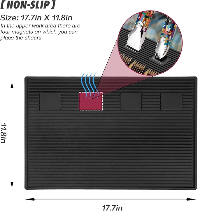 Magnetic Barber Station Mat for Clippers, Stripe Non-Slip Organizer, Professional Salon Barbershop Workstation Pads, Beauty Salon Tools(19" X 13" Black)