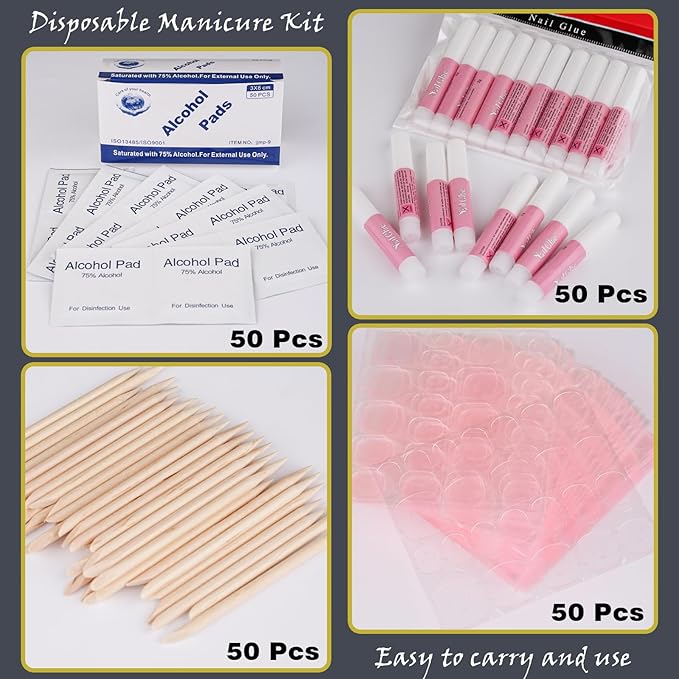 50 Set Disposable Nail Supplies Kits,Professional Manicure Press On Nail Tool Kit With Nail File ,Nail Buffer,Adhesive Tabs,Nail Glue,Sticks, Prep Pads,Bags,Instruction Cards for Nail Business(Black)