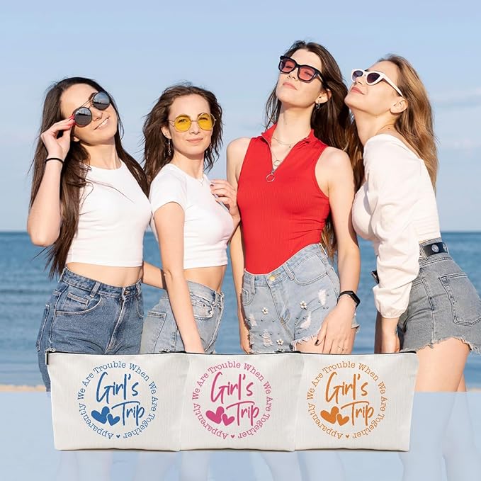 3Pcs Girls Weekend Gifts, 2025 Girls Trip Gifts Favors Travel Gifts Funny Makeup Bag, Weekend Bag Cosmetic Bag, Friendship Gifts for Women Sister Bride BFF, Graduation Wedding Gifts Toiletry Bag
