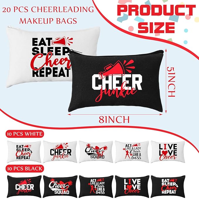 Pinkunn 20 Pcs Cheer Makeup Bags Bulk Cheerleader Gifts for Women Canvas Cheer Cosmetic Pouch Toiletry Zipper Makeup Case Cheerleading Portable Travel Pouch Team Accessories(Red)