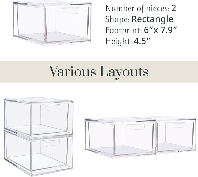 STORi Audrey Stackable Clear Bin Plastic Organizer Drawers | 2 Piece Set | Organize Cosmetics and Beauty Supplies on a Vanity | Made in USA