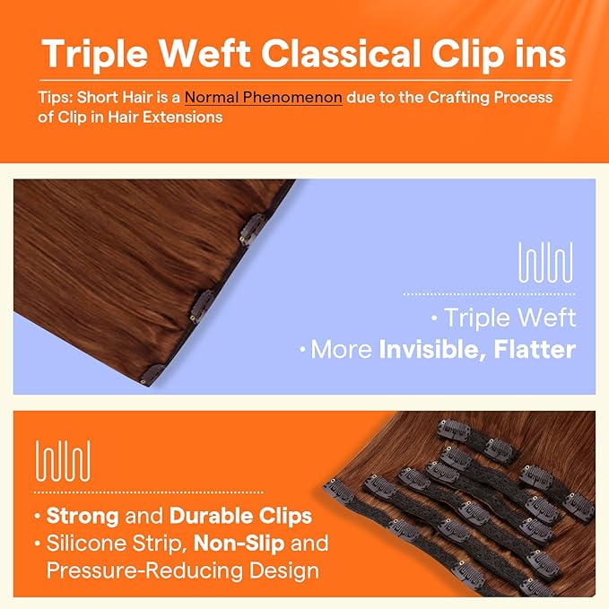 Full Shine 22 Inch Clip in Hair Extensions Real Human Hair Copper Invisible Clip in Extensions for Long Hair Straight Real Copper Hair Extensions 7 Pcs 120 G