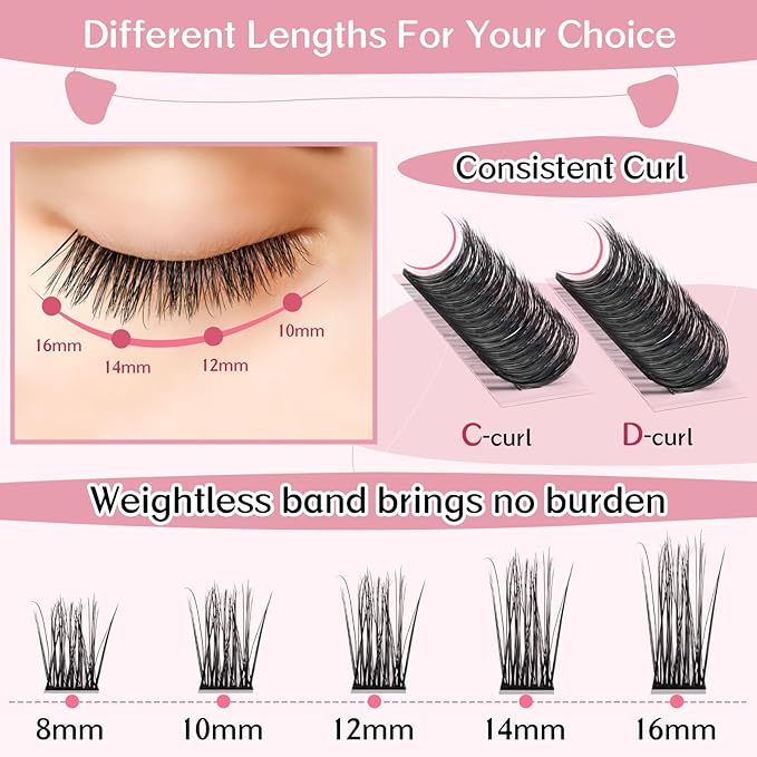 Cluster Lashes, 72 Pcs Individual Lashes, Lash Clusters DIY Eyelash Extension, Super Thin Band Reusable Soft & Comfortable (Pined-D-12mm)