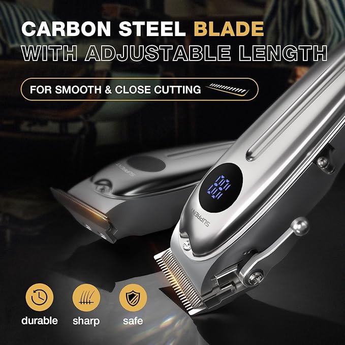 SUPRENT Professional Rechargeable Hair Clipper-Hair Clippers for Men, Cordless Hair Cutting Kit with LED Display (Silver)