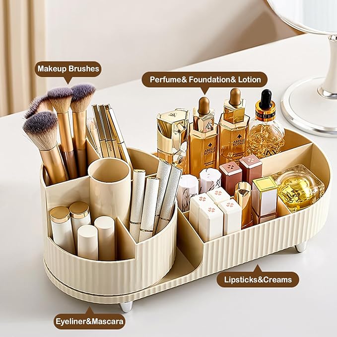 360° Rotating Vanity Makeup Organizer with Brush Holder, Large Spinning Cosmetic Storage for Skincare, Perfumes and Lotions