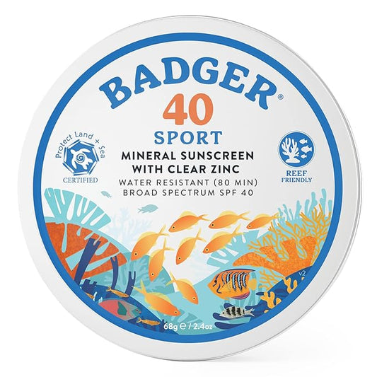 Badger Reef Safe Sunscreen Tin, Unscented SPF 40 Sport Mineral Sunscreen, 98% Organic, 80min Water Resistant Travel Size Hawaii Approved, 2.4 oz Tin